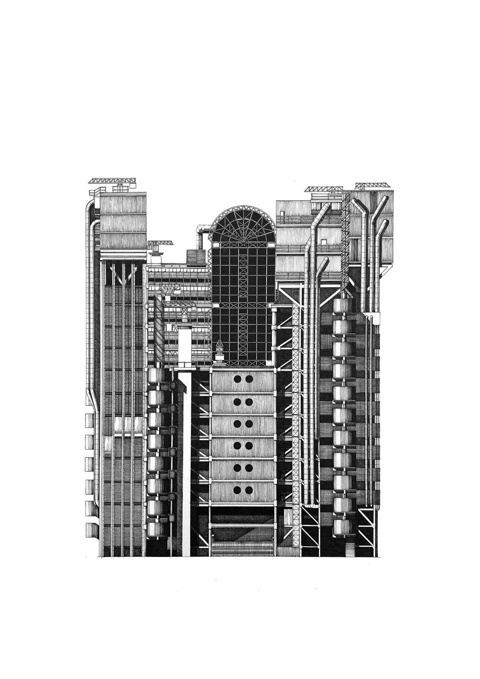 Nick Coupland, Intricate detailed historic architecture illustration of Lloyds building. Pen and ink, striking, bold images.